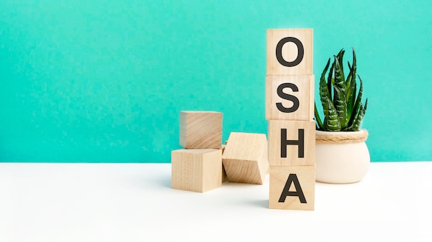 Osha mot est écrit sur des cubes en bois sur un fond vert libre d'éléments en bois dans la zone