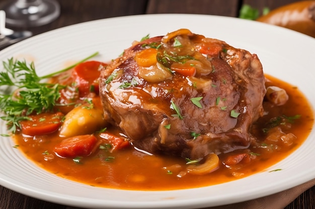 Osso buco italien Une assiette de nourriture avec un verre de vin sur le côté