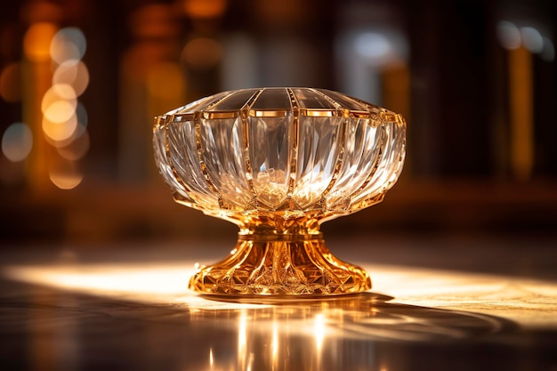 L'ostensoir doré avec un petit centre de cristal transparent consacré à l'église hôte, arrière-plan défocalisé