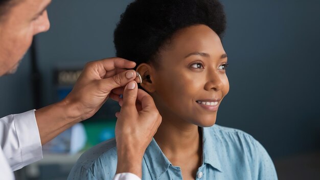 Un otolaryngologue met une aide auditive dans l'oreille d'une femme à l'hôpital.