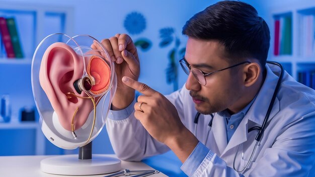 Photo un otolaryngologue professionnel explique et diagnostique l'anatomie de l'oreille humaine et les symptômes du tympan.