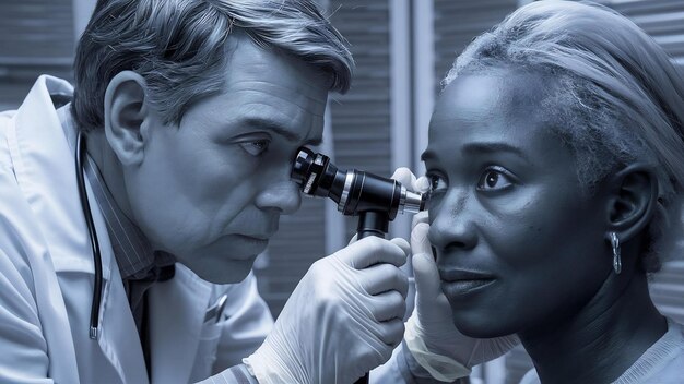 Photo un otorhinolaryngologue examine l'oreille d'un patient à l'aide d'un otoscope