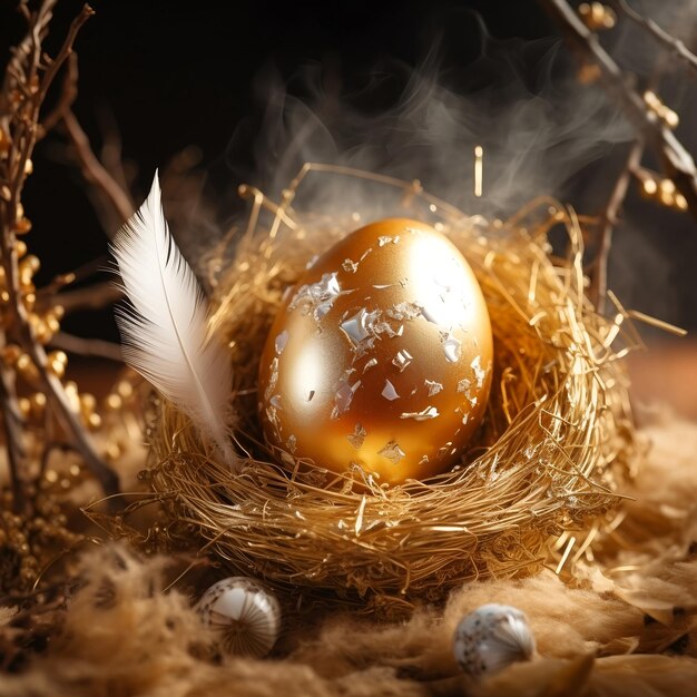 Oueil d'or dans un nid avec des plumes sur fond de bois Bonne Pâques