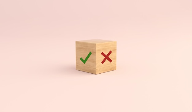 Oui ou non sur une cale en bois sur fond rose Symboles vrais et faux acceptés ou rejetés pour évaluation illustration 3D