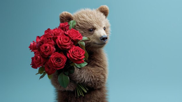 Photo un ours adorable avec un bouquet de roses rouges