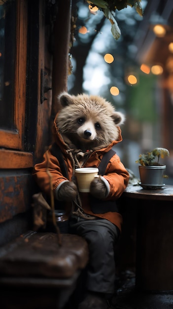 un ours adorable sirotant un verre dans un café de la forêt