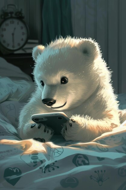 Un ours allongé sur le canapé et regardant un smartphone Illustration