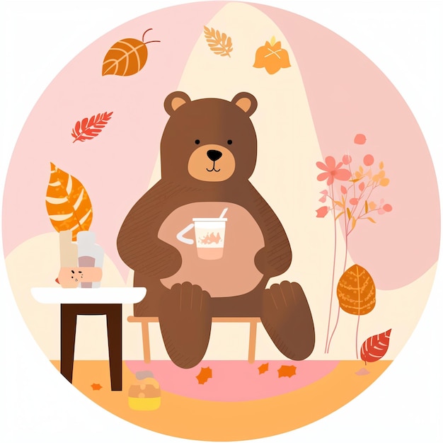 Photo un ours assis sur une chaise et buvant dans une tasse