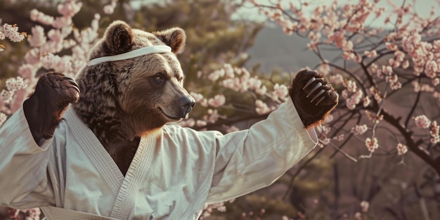 un ours avec un bandeau sur la tête et une chemise qui dit " ours "