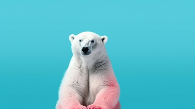 Un ours blanc au nez rose est assis sur un dos bleu