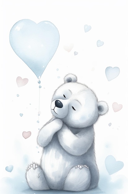 Un ours blanc avec un ballon qui dit "amour" dessus.