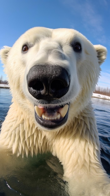 L'ours blanc polaire touche la caméra en prenant un selfie Un selfie drôle de portrait d'animal