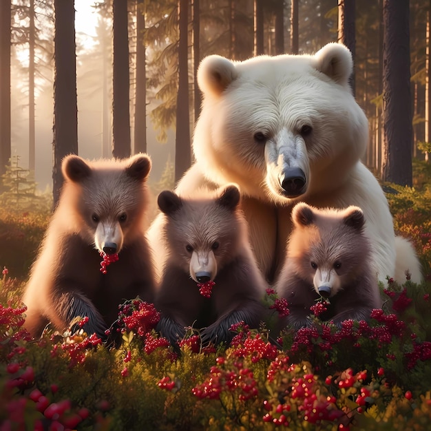 Photo un ours blanc avec sa famille dans une forêt mangeant des baies