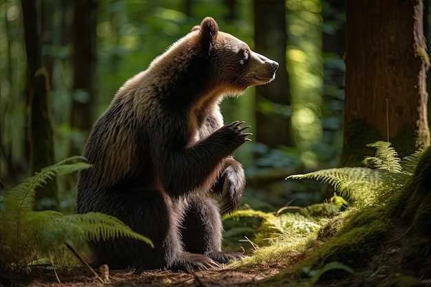 Un ours brun assis dans la forêt en train de prier