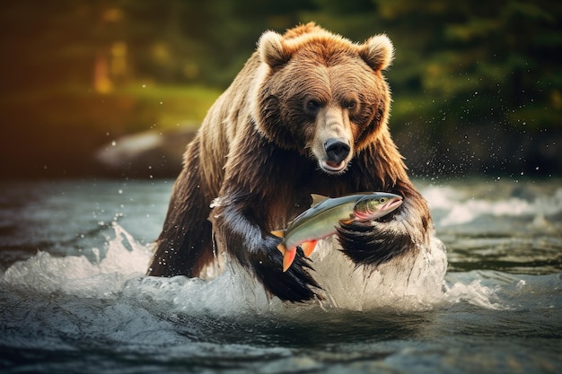 Photo un ours brun attrape un poisson dans la rivière kamchatka un ours brun attrape un saumon dans la rivière ai généré