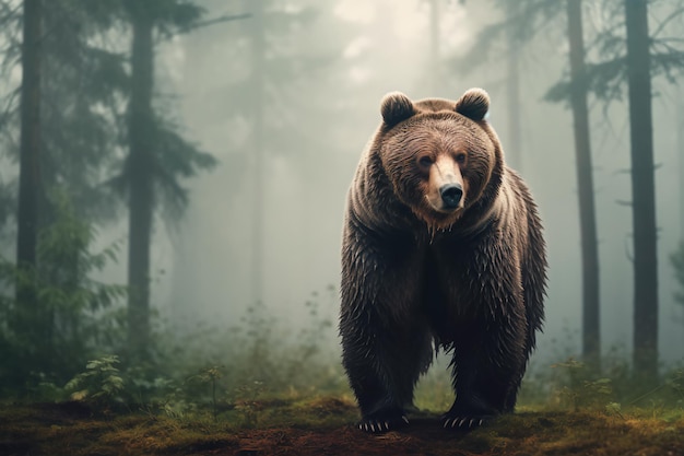Ours brun dans la forêt brumeuse du matin générée par l'IA