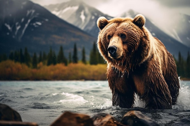 un ours brun dans une rivière avec des montagnes en arrière-plan