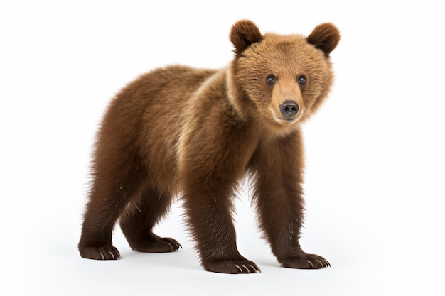 un ours brun debout sur une surface blanche