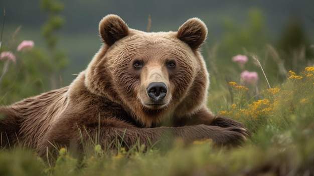 Un ours brun est couché dans un champ de fleurs.