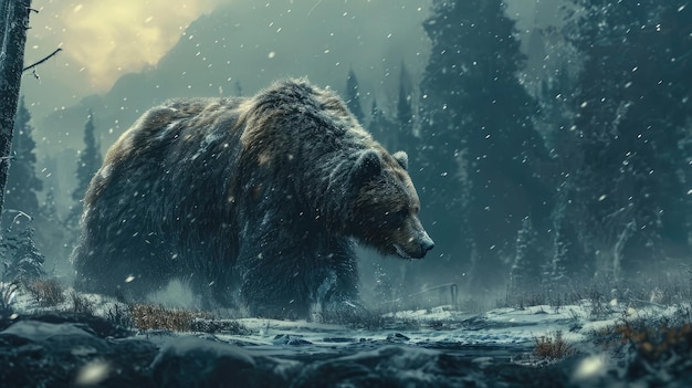 Photo un ours brun à la fourrure foncée se tient dans une forêt enneigée sur un fond enneigé sibérien