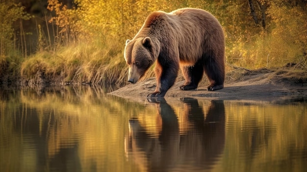 Ours brun grizzly à l'abreuvoir