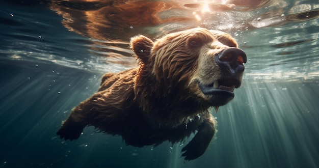 Ours brun grizzly nageant sous l'eau pêchant Closeup portrait of a happy ursus attrape le saumon