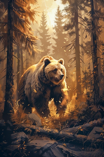 L'ours brun majestueux parcourt une forêt d'automne enchantée au lever du soleil avec une lumière dorée