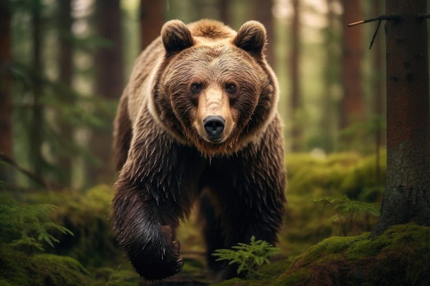 Ours brun marchant dans la forêt Scène de la faune Nom scientifique Ursus arctos Ours brun dans la forêt gros plan d'un animal sauvage IA généré