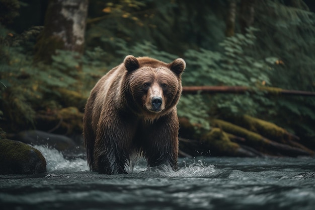 Un ours brun marche dans une rivière.