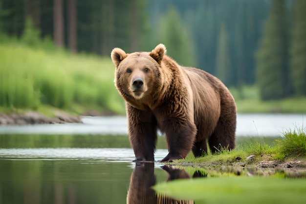 Un ours brun marche le long d'une rivière