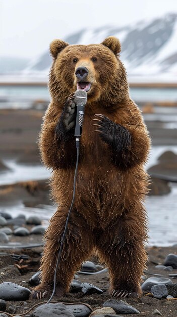 Photo un ours brun avec un microphone dans sa bouche chante dans un microphone