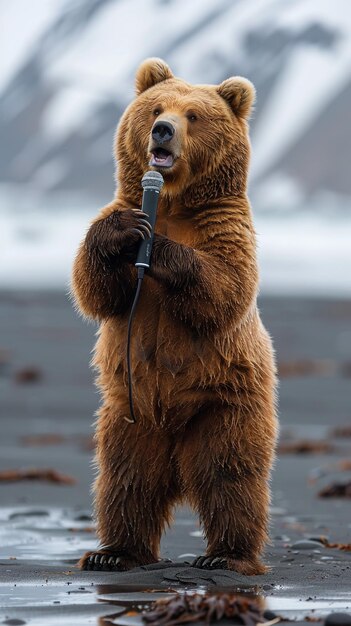 Photo un ours brun avec un microphone qui dit 