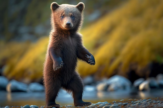 Ours brun mignon avec des oursons agitant ses pattes et marchant le long du rivage
