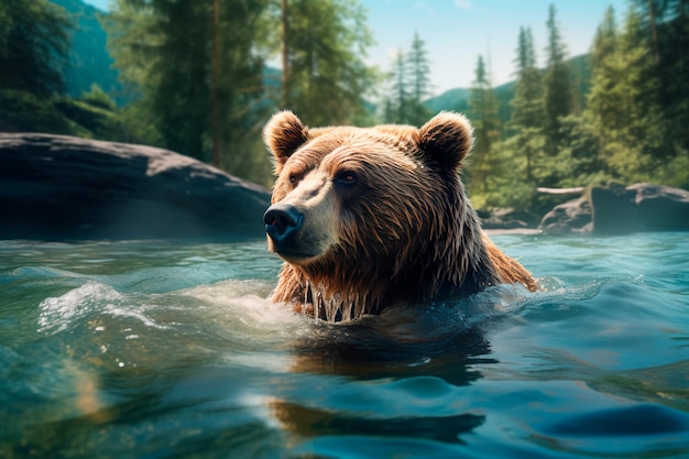 Un ours brun nage dans la rivière générée par l'IA