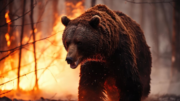 L'ours brun navigue dans les flammes perfides, symbole de force et de survie.