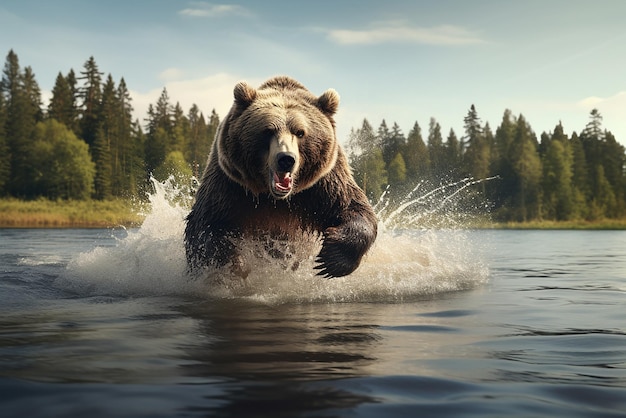 Un ours brun pêchant dans un lac au pied des montagnes