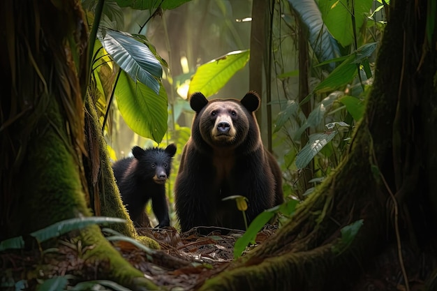 Un ours brun et un petit dans la jungle