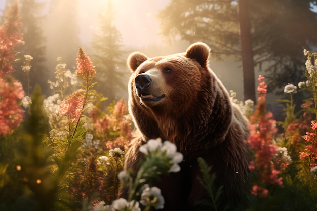 Ours brun sur un pré de fleurs généré par l'IA
