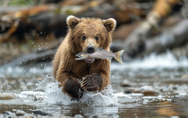 Photo un ours brun qui attrape du saumon dans la rivière