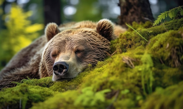 Un ours brun qui dort dans une forêt d'été IA générative