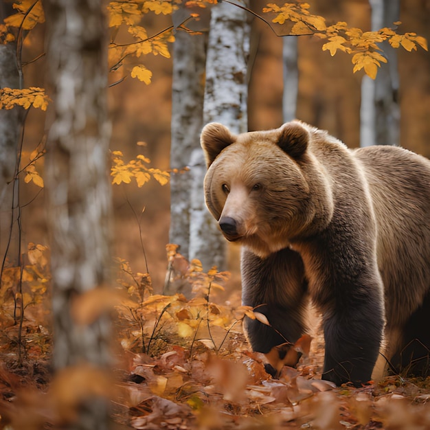 un ours brun se tient dans les bois à l'automne