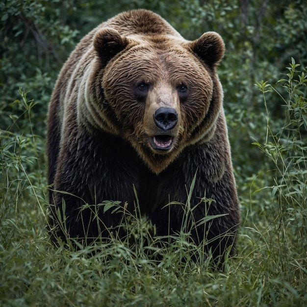 un ours brun se tient dans l'herbe haute et a un grand sourire sur son visage