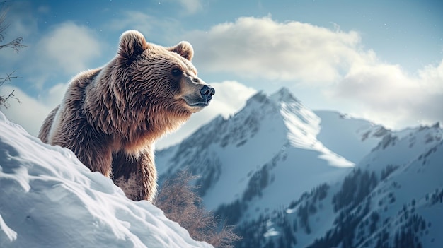 L'ours brun se tient sur un paysage hivernal enneigé autour des montagnes