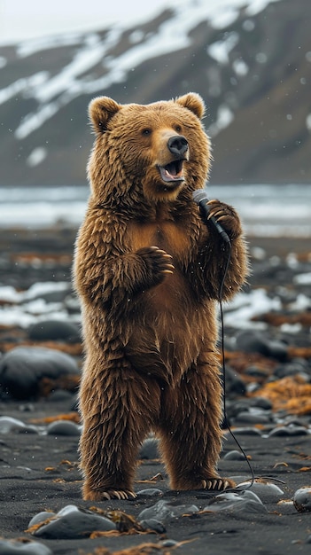 Photo un ours brun se tient sur une plage rocheuse et tient un microphone