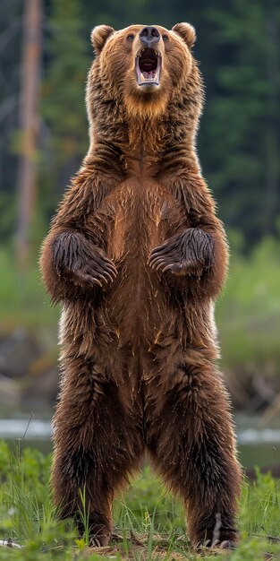 Photo un ours brun se tient sur ses pattes arrière