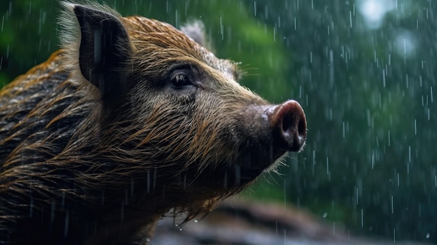 Un ours brun sous la pluie