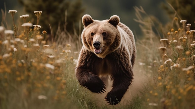 Un ours brun traverse un champ de fleurs.