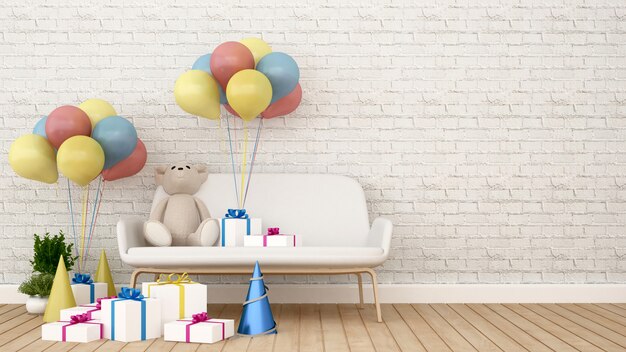 Ours sur le canapé avec cadeau et ballon dans la chambre d&#39;enfant - Rendu 3D