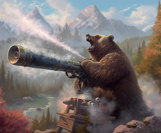 Un ours avec un canon est sur une montagne