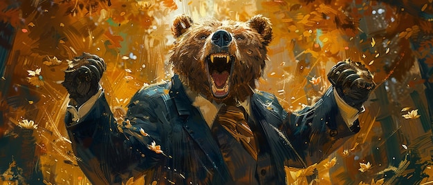 Un ours capricieux en costume hurlant des stratégies boursières réussies